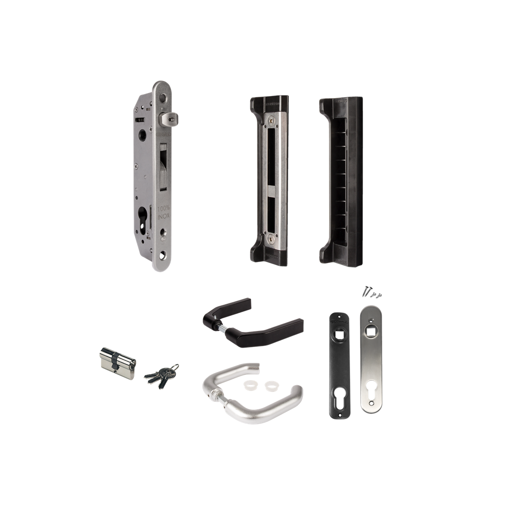Complete insert lock set with keep for metal, vinyl or aluminum gates Complete insert lock set with keep for metal, vinyl or aluminum gates
