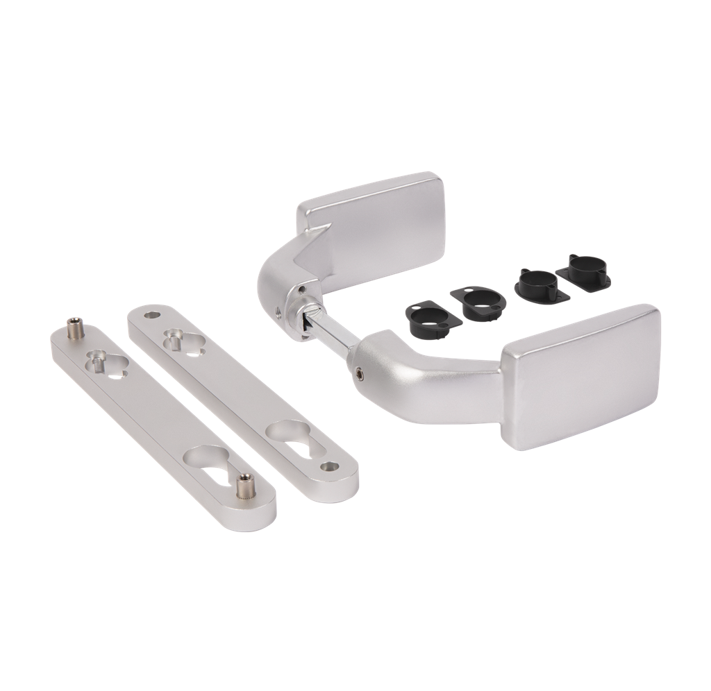 Aluminum anodized handle pair with free exit and blocking option Aluminum anodized handle pair with free exit and blocking option