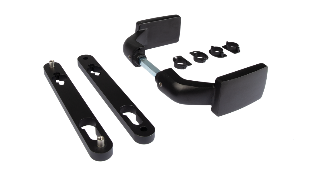 Aluminum anodized handle pair with free exit and blocking option Aluminum anodized handle pair with free exit and blocking option