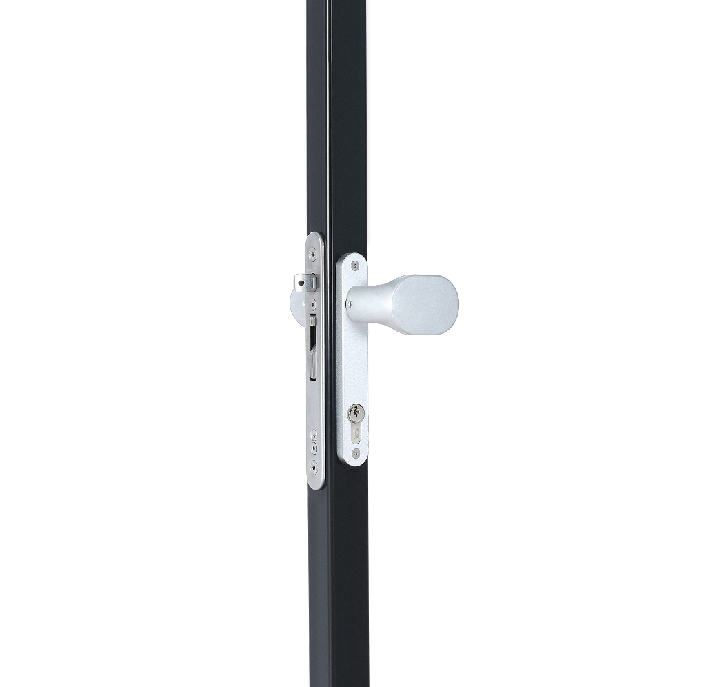 Handle set with rounded corners in anodised aluminum with fixed and/or rotating functionality