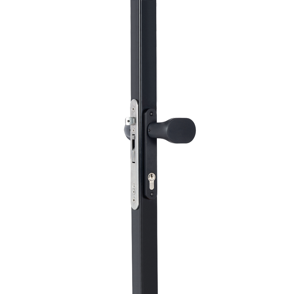 Handle set with rounded corners in anodised aluminum with fixed and/or rotating functionality