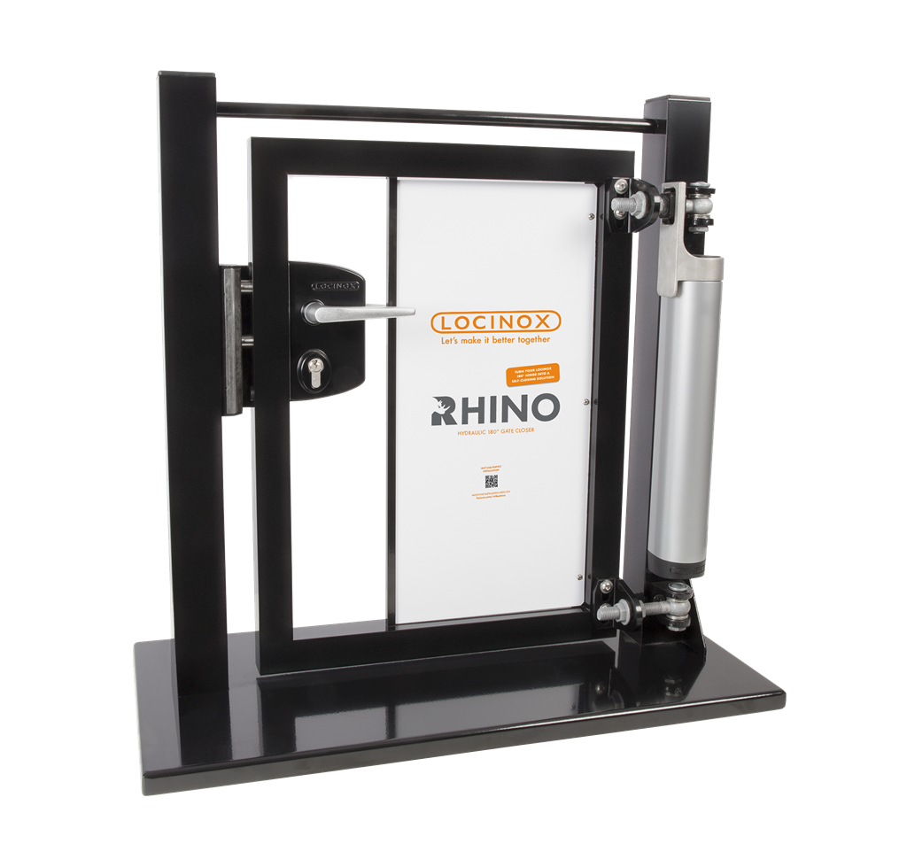 Gate display with Rhino gate closer, industrial lock and BoltonHD-4D hinge