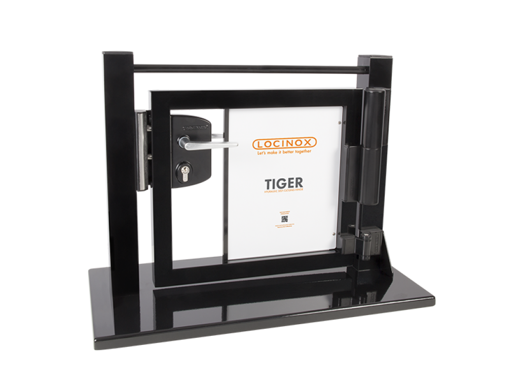 Gate display with Tiger gate closer and industrial lock