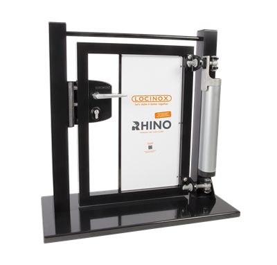 Gate display with Rhino gate closer, industrial lock and BoltonHD-4D hinge